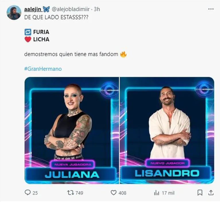 En las redes sociales se hicieron eco de la pelea entre Furia y Lisandro, y varios optaron por darle su apoyo a la participante. (Foto: Captura Twitter/alejobladimiir)