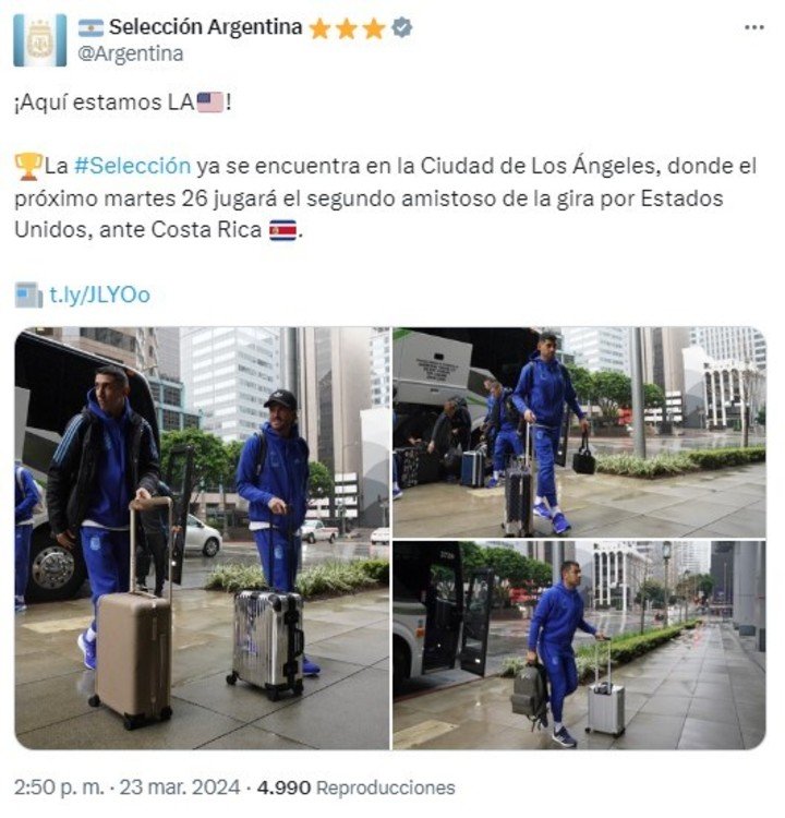Así informó la cuenta oficial de la Selección la llegada a LA.
