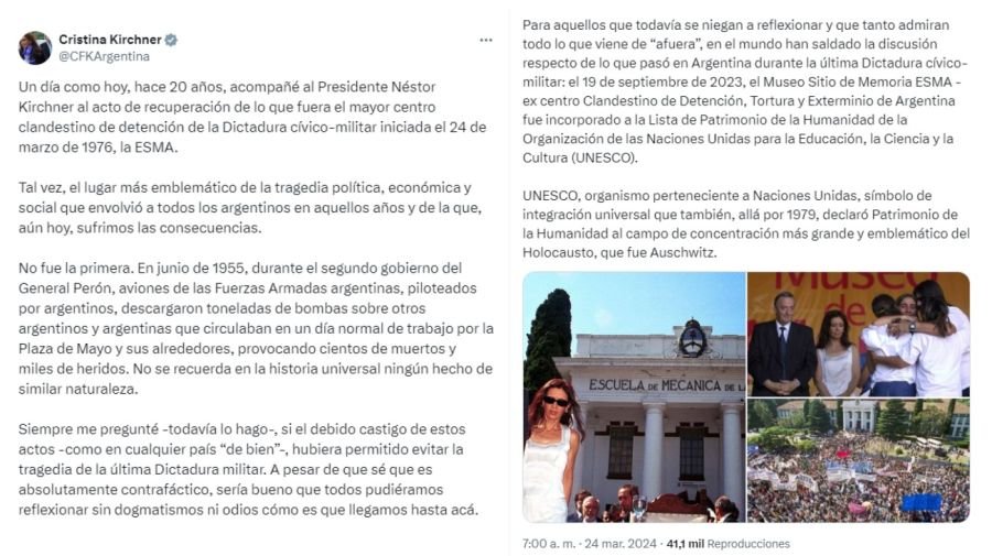 El mensaje de Cristina Kirchner por el 24 de marzo