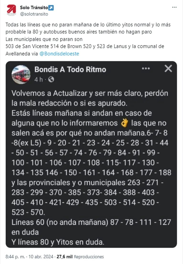 A pesar que la mayoría de las empresas de ómnibus que circulan por el AMBA se adhirieron al paro, hay algunas líneas que si funcionarían. (Foto: @solotransito)