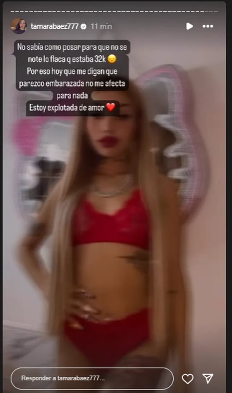 Tamara Báez recordó cuando pesaba 32 kilos y explicó por qué no le molesta que le digan que parece embarazada (Foto: Captura Instagram /tamarabaez777)