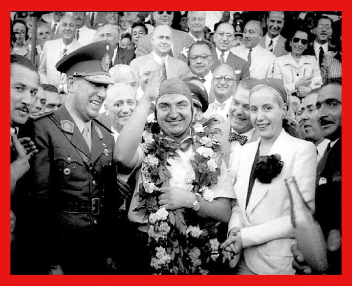 José Froilán González con Juan Domingo Perón y Evita. Foto Archivo