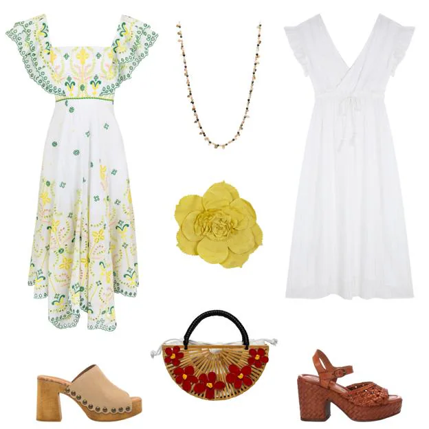 Vestido largo Sheen, en algodón y lino con bordados de colores, de CHARO RUIZ (699 €). Collar con cuentas de colores, de HOSS (49 €). Vestido blanco, con escote cruzado, de HUG & CLAU (C.P.V.). Sandalia trenzada con plataforma, de CARMELA (99, 95 €). Cesta de bambú con flores, de MONA MOON (65 €). Zueco Coyote, con suela de madera, tacón alto y con tachuelas, de MUSTANG (59, 95 €). Broche con forma de flor, de HORTENSIA MAESO (175 €). 