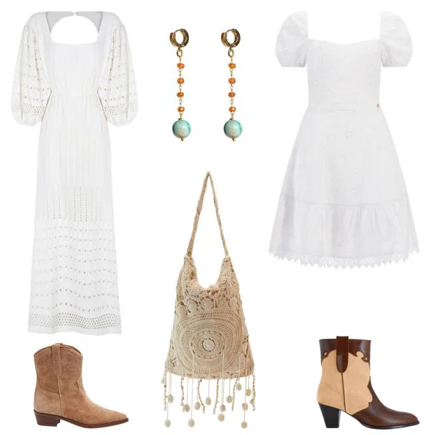 Vestido Bruna en algodón, con mangas abullonadas y con espalda abierta, de PAR Y ESCALA (118, 15 €). Pendientes Goa largos, con cornalinas y jaspe, de SHIORI (50 €). Vestido en algodón calado, con mangas abullonadas, de GUESS (150 €). Botín Lara, estilo cowboy en piel, de CUCHY (259 €). Bolso en crochet, de PARFOIS (39, 99 €). Botín estilo campero, de YERSE (109 €). 