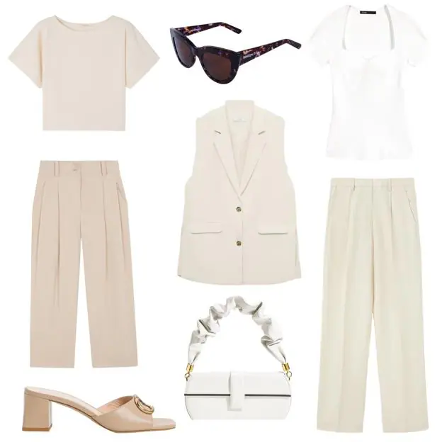 Camiseta de algodón 100%, de AMERICAN VINTAGE (65 €). Gafas de sol efecto carey, de GOODBYE RITA (69, 90 €). Top de punto con escote corazón, de MAJE (115 €). Pantalón de lino, de PEDRO DEL HIERRO (71 €). Bolso de piel, de THE SANT (460 €). Sandalia con detalle dorado en el empeine, de TWINSET (186 €). Pantalón ancho en tejido sostenible, de SKFK (110 €). Chaleco largo tipo sastre, de MANGO (35, 99 €). 