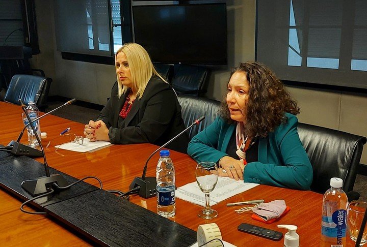 La interventora de la AFI, Cristina Caamaño, con la querellante de familiares del submarino San Juan y abogada K, Valeria Carreras en una videoconferencia desde los cuarteles del organismo.