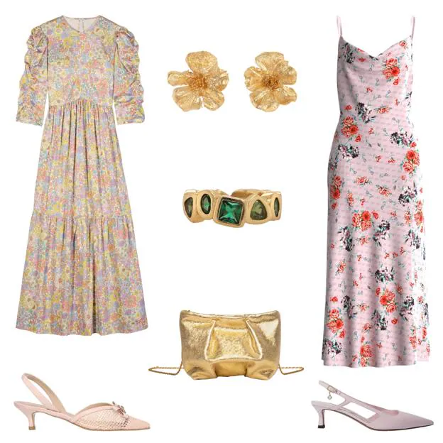 Vestido con estampado Liberty, de MARÍA DE LA ORDEN (295 €). Pendientes Geranio, en cobre bañado en oro, de CALA JEWELS (80 €). Vestido con tirantes finos, de GUESS (140 €). Zapato con tacón bajo y talón al aire, de MAJE (206, 50 €). Bolso en piel dorada, de MONA MOON (110 €). Zapatos Harriet, con rejilla y lazo, de MASCARÓ (269 €). Anillo Thalia, en oro con piedras naturales, de CLEOPATRA'S BLING (298, 95 €). 