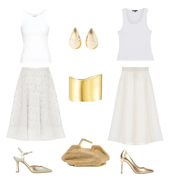Camiseta de algodón tipo tank top, de GESTUZ (40 €). Pendientes dorados tipo lágrima, de PARFOIS (7 €). Camiseta de tirantes, de MAJE (95 €). Falda con vuelo, de DIXIE (46, 50 €). Zapatos de tacón dorados, de MARTINELLI (105 €). Bolso en rafia dorada, de ZARA (45 €). Zapato destalonado, de LODI (129 €). Falda midi con volumen, de IMPERIAL (96 €). Brazalete en plata dorada, de TOUS (245 €).
