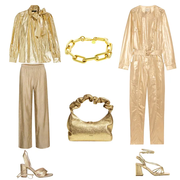 Blusa dorada con lazada, de MAX MARA (185 €). Pulsera con eslabones dorados, de MARINA GARCÍA (109 €). Mono dorado, de SÉZANE (160 €). Sandalias con tiras y tacón cuadrado, de MUSTANG (33 €). Bolso dorado mini, de THE SANT (395 €). Sandalia con tacón cuadrado dorada, de EXÉ SHOES (70 €). Pantalón ancho dorado, de SAINT TROPEZ (36 €).