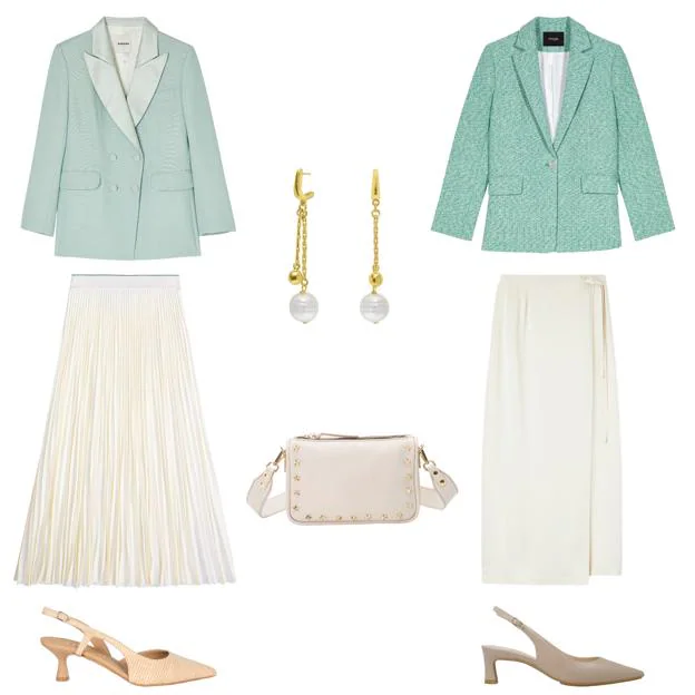 Chaqueta cruzada, con cuello en raso, de SANDRO (425 €). Pendientes Dolce, largos y dorados, con perlas, de VIDDA (86 €). Chaqueta tipo blazer, jaspeada, de MAJE (198 €). Falda tipo pareo, de POMANDÈRE (267 €). Zapato destalonado, con tacón bajo, de LODI (129 €). Zapato destalonado, con tacón kitten, de RIVERA (C.P.V.). Falda larga y plisada, de TOMMY HILFIGER COLLECTION (156 €). Bolos Sandy, en piel con tachuelas, de MERCULES (215 €). 