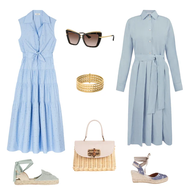 Vestido camisero sin mangas, con detalles de strass, de SANDRO (260 €). Gafas de sol con montura en carey y detalles dorados, de DOLCE & GABBANA (300 €). Vestido camisero con cinturón, de P.A.R.O.S.H. (346 €). Alpargatas Hondar, de SKFK (89 €). Bolso Jacqueline, en médula de ratán tejida a mano, de PIEL DE MAR (145 €). Alpargatas, con puntera de ganchillo, de HUG & CLAU (36 €). Sortija tipo semanario, en oro de 18 quilates, de JOSÉ LUIS JOYERÍAS (375 €). 