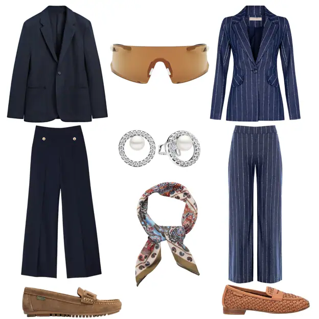 Americana de un botón, de MASSIMO DUTTI (179 €). Gafas tipo máscara deportivas, modelo Dunamis, de ADIDAS (220 €). Chaqueta entallada y pantalón recto a juego, en raya diplomática, de RINASCIMENTO (C.P.V.). Mocasín en piel trenzada, de CARMELA (100 €). Pañuelo estampado, de MANGO (10 €). Mocasín en ante, con suela de goma, de PITILLOS (65 €). Pantalón ancho con botones dorados, de SANDRO (265 €). Pendientes plateados, con perla, de PANDORA (69 €).