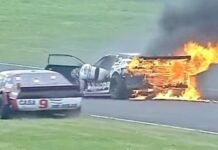 Escalofriante arranque del Turismo Carretera: el auto de Mazzacane se prendió fuego y el piloto tuvo que lanzarse en plena pista