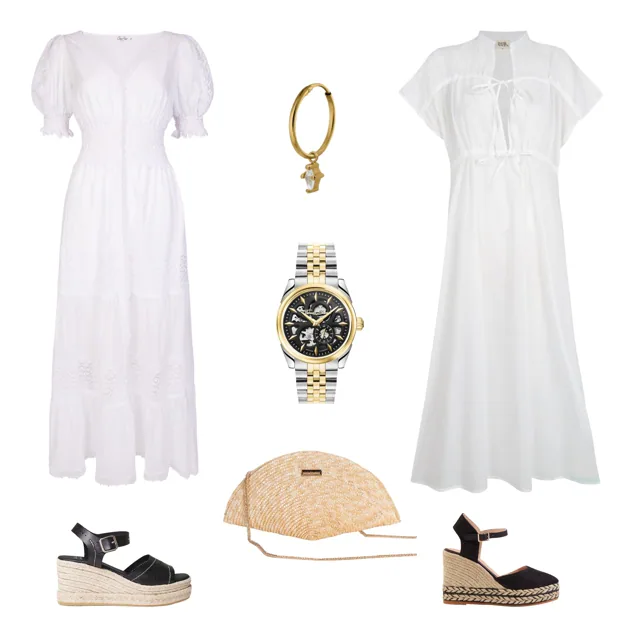 Vestido largo Clemence, con calados, de CHARO RUÍZ (619 €). Pendiente único en oro, de BEA SOLDADO (42 €). Vestido Rita, en algodón y con lazadas, de PAR Y ESCALA (115 €). Alpargata con suela trenzada, de GAIMO (76 €). Bolso de mano con forma de abanico, en paja de trigo, de PIEL DE MAR (65 €). Alpargata en piel, con hebilla, de TONI PONS (89, 95 €). Reloj automático bicolor, de THOMAS SABO (695 €). 