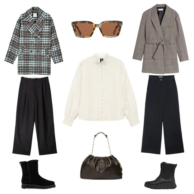 Abrigo a cuadros, de LILI SIDONIO (145 €). Gafas de sol con montura estampada, de FOCO PROJECT (50 €). Chaqueta con print de pata de gallo, de INDI & COLD (165 €). Pantalón ancho, de SÉSSUN (C.P. V.). Botas co cordones, de FITFLOP (200 €). Bols June de piel, de BA&SH ( 450 €). Botas con forro de pelo, de TOMS (150 €). Pantalón sastre ancho, de BERSHKA (36 €). Blusa, de VERO MODA (50 €).