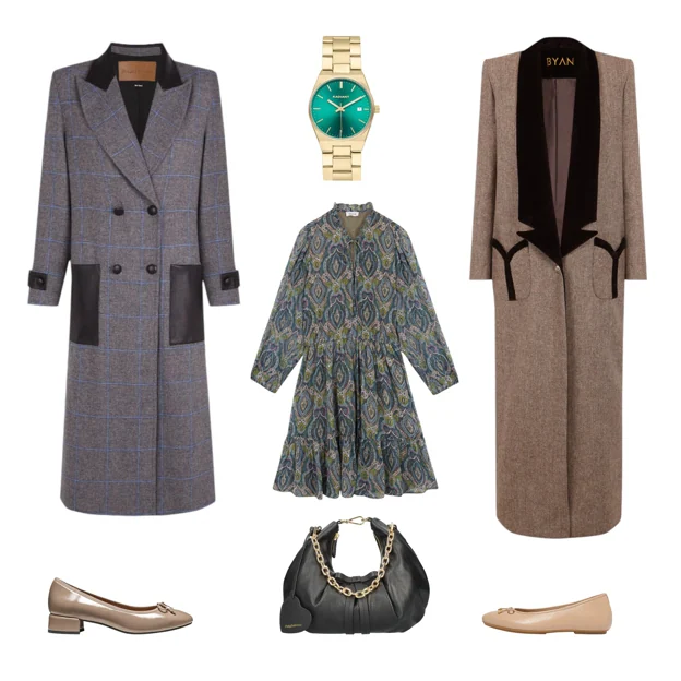 Abrigo largo con detalles de cuero, de PARIS/64 (349 €). Reloj AirMini, en acero dorado, de RADIANT (66 €). Abrigo con solapas de terciopelo, de BYAN (335 €). Bailarinas en piel, de FITFLOP (100 €). Bolso en piel, con asa de cadena, de PRETTY BALLERINAS (229 €). Bailarinas en tacón bajo, de GEOX (84 €). Vestido estampado, de HUGH & CLAU (28 €).