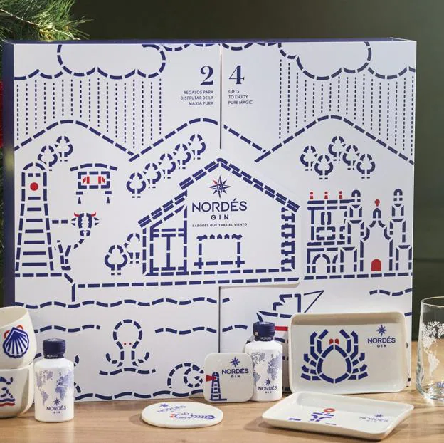 El calendario de Adviento de Nordés con algunos de los elementos que podemos encontrar en su interior, para disfrutar de su ginebra y su carácter Atlántico.