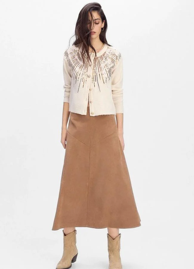 Falda midi evasé efecto antelina (29,99€)