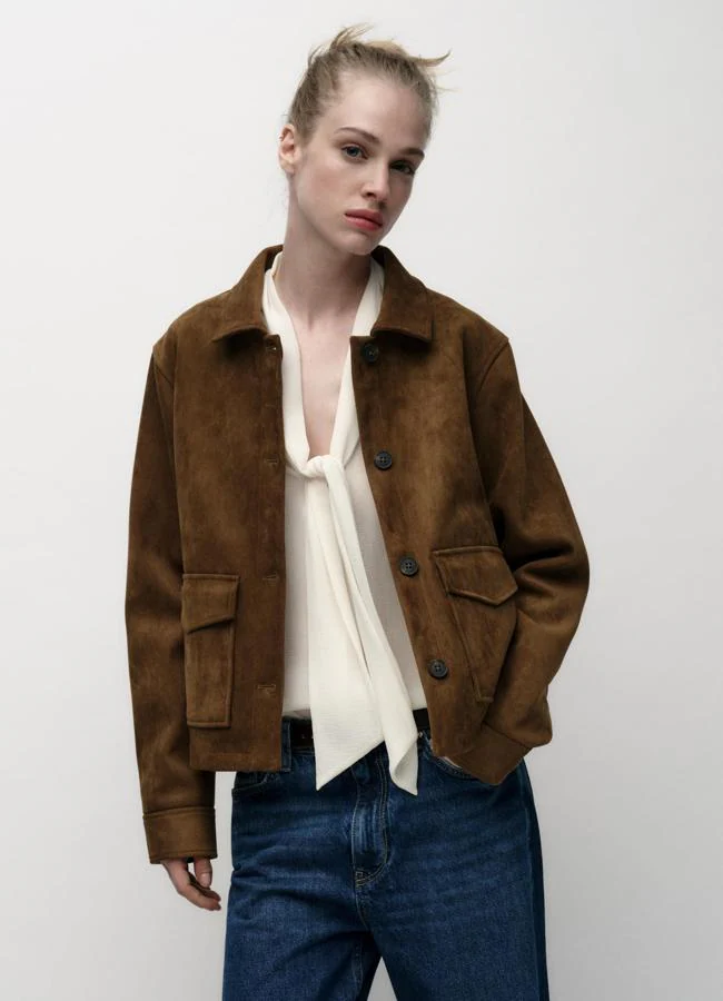 Chaqueta camisera efecto ante marrón