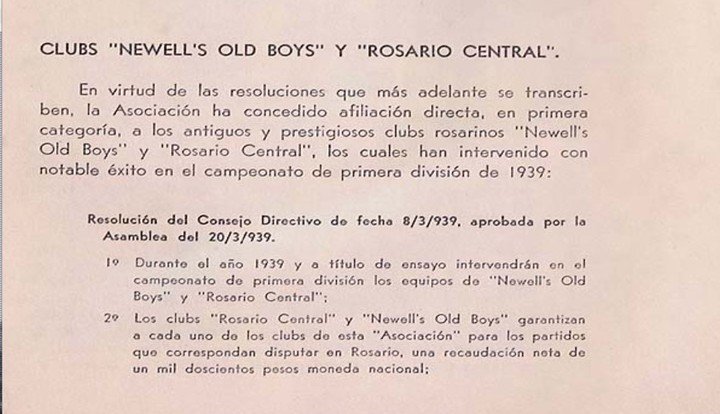 En la Memoria y Balance de AFA de 1939 está destacada la afilaición directa de Rosario Central y Newell's.
