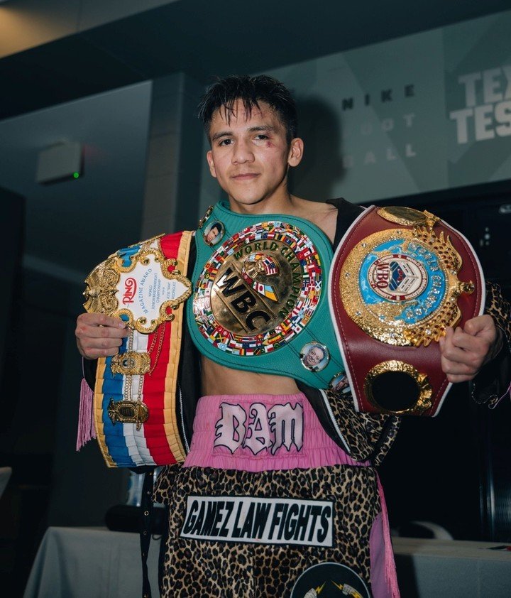 Jesse Rodríguez es el campeón supermosca del CMB y la OMB, y también posee el cinturón que otorga la revista The Ring. Foto: Matchroom Boxing.