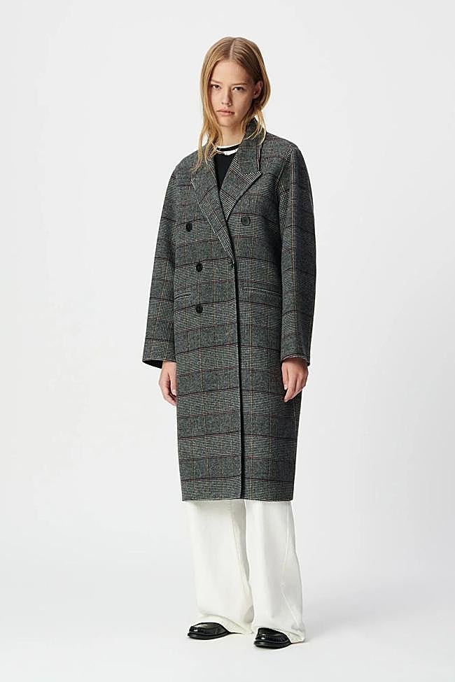 Abrigo largo gris cuadros botonadura cruzada mujer (395€)