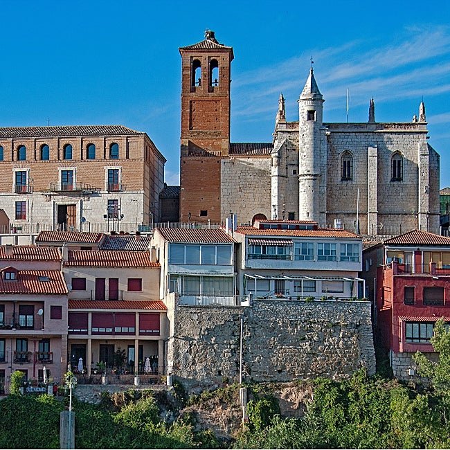 Tordesillas desde el río con las Casas del Tratado a un lado y San Antolín a otro.
