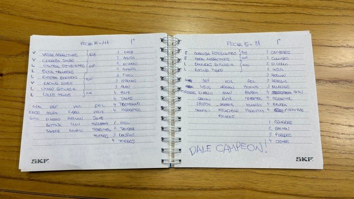 Las anotaciones de Agustín Rafael Pistone en su cuaderno para los cuartos de final del Torneo Clausura 2025.