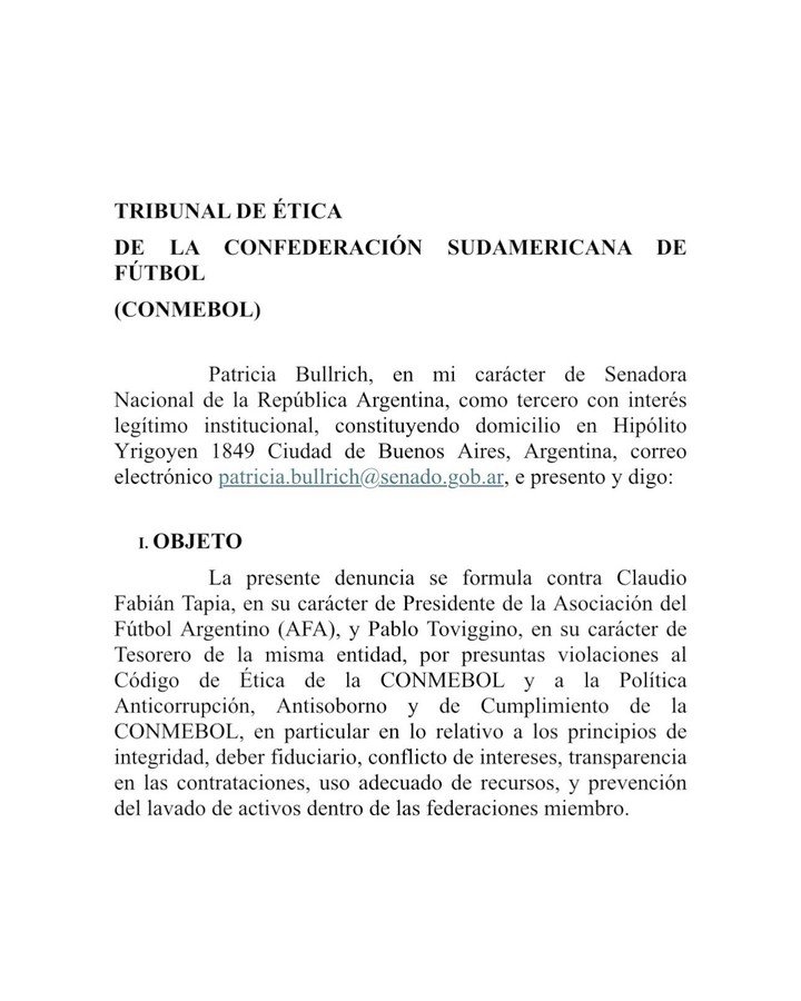 La denuncia ante Conmebol de la senadora nacional Patricia Bullrich contra el presidente de la AFA, Claudio Chiqui Tapia, y el tesorero, Pablo Toviggino. Foto: Redes sociales