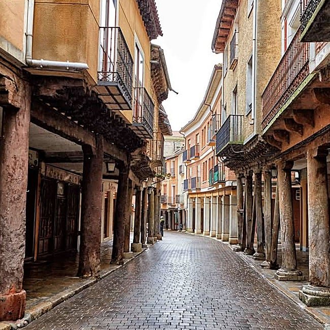 Los emblemáticos soportales de la Rúa, la calle Mayor de Medina de Rioseco.