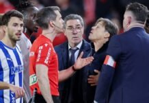 El ataque de furia de Matías Almeyda en España: explotó contra el árbitro tras ser expulsado en el empate de Sevilla y Alavés