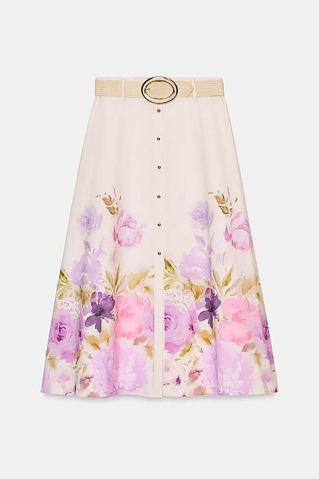 Falda midi cinturón estampado floral (35,95€)