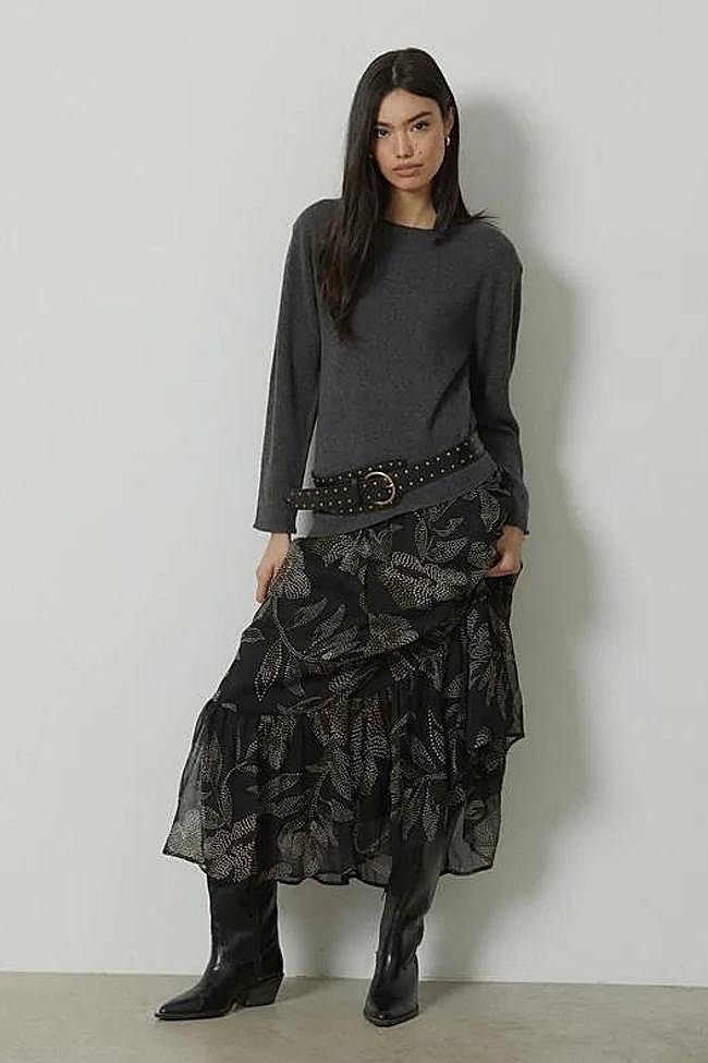 Falda midi de gasa maxi estampado floral negro (36,99€)