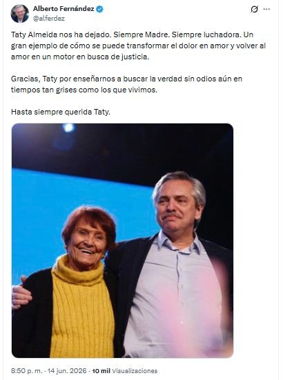 Despedida de Alberto Fernández a Taty Almeida