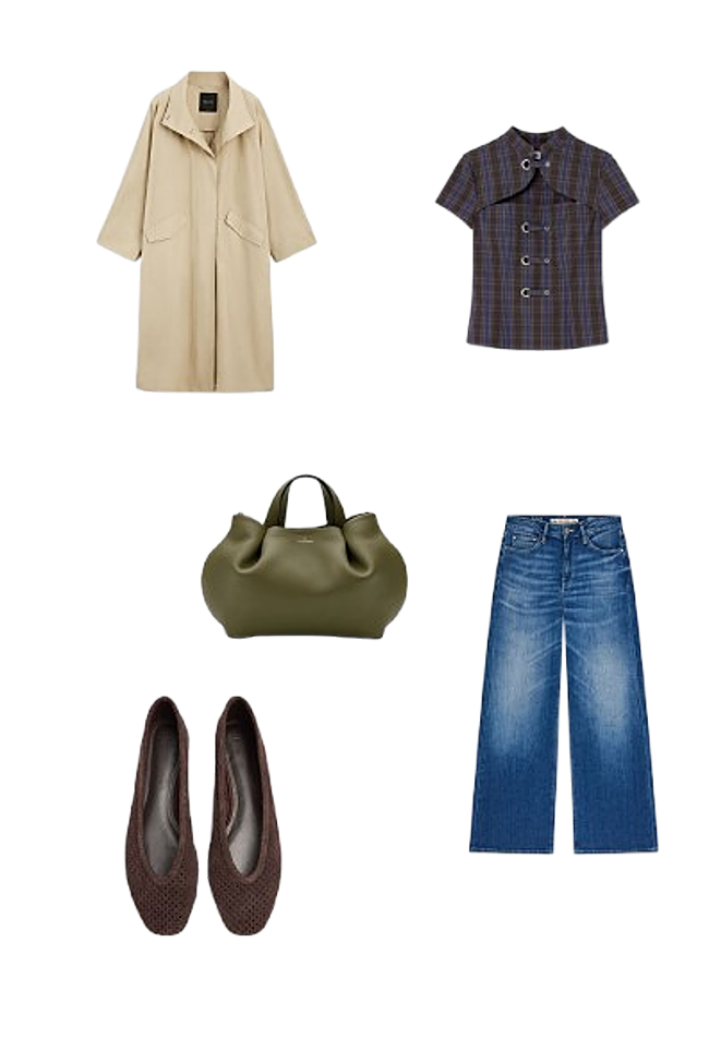 Trench, de Massimo Dutti (169 €)/ Top Azura Brown, de Laagam (79,95 €)/ Jeans Bellflower wide-leg jeans, de Guess (140 €)/ Bolso Isabela, de La Portegna (570 €)/ Bailarina trenzada de piel, de Parfois (39,99 €).